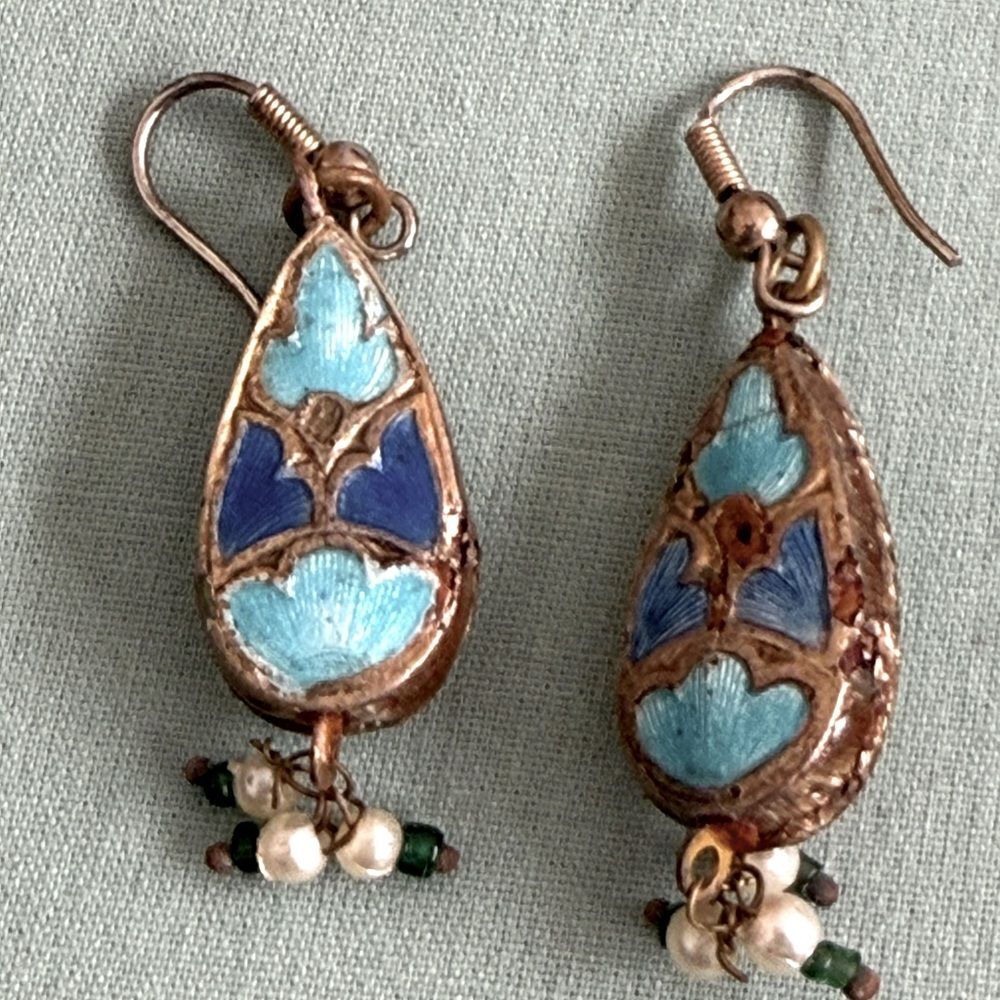 Elegant Blue and Red lacquer with small natural pearls drop Earrings